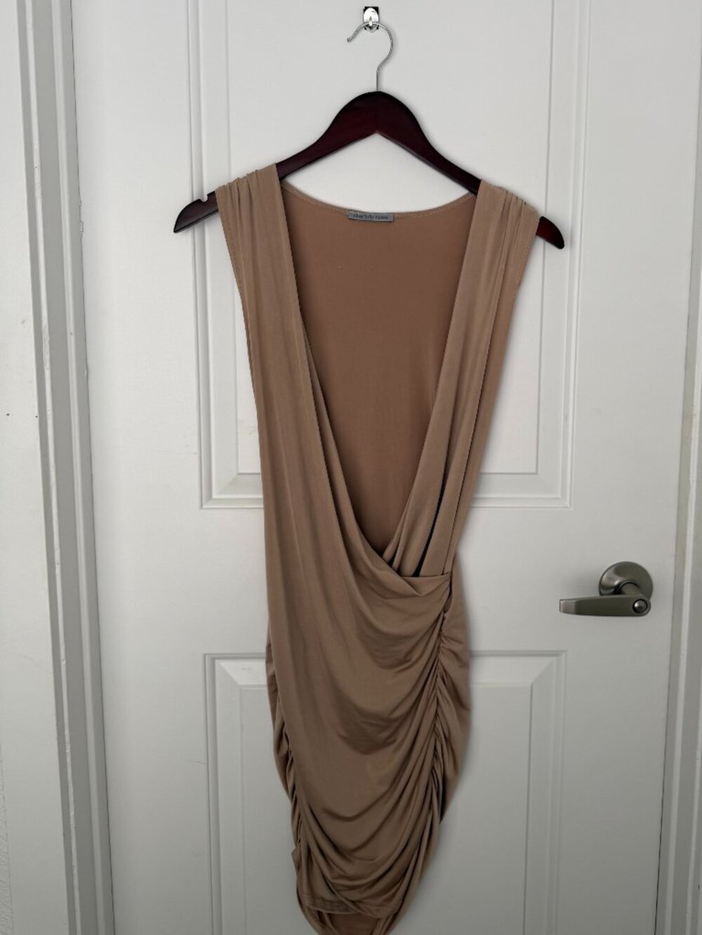 Beige Low-Cut Wrapped Ruched Dress - Picture 4 of 5